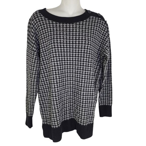 LOFT Womens Sweater Black White Houndstooth Crewneck Button Detail Cotton Medium - Picture 1 of 10